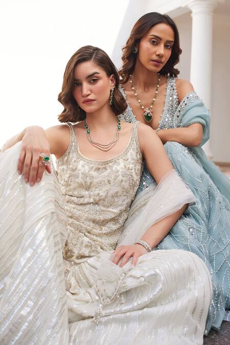 Label Sanya Gulati Blue Silk Organza Mirrors, Sequins, Stones V-neck Designer Powder Lehenga Set at Aza Fashions Label Sanya Gulati_Blue Silk Organza Mirrors, Sequins, Stones V-neck Designer Powder Lehenga Set _at_Aza_Fashions