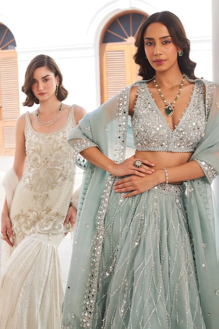 Shop Label Sanya Gulati Blue Silk Organza Mirrors, Sequins, Stones V-neck Designer Powder Lehenga Set Shop_Label Sanya Gulati_Blue Silk Organza Mirrors, Sequins, Stones V-neck Designer Powder Lehenga Set