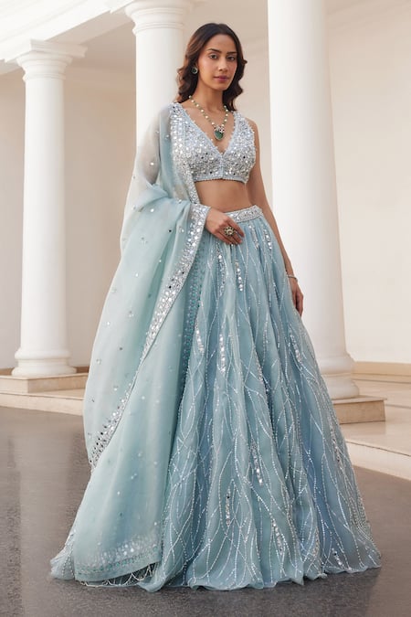 Label Sanya Gulati Blue Silk Organza Mirrors, Sequins, Stones V-neck Designer Powder Lehenga Set 