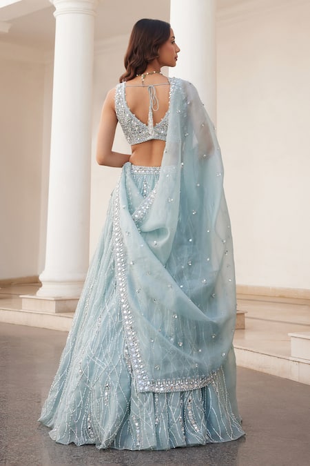 Shop Label Sanya Gulati Blue Silk Organza Mirrors, Sequins, Stones V-neck Designer Powder Lehenga Set at Aza Fashions Shop_Label Sanya Gulati_Blue Silk Organza Mirrors, Sequins, Stones V-neck Designer Powder Lehenga Set _at_Aza_Fashions