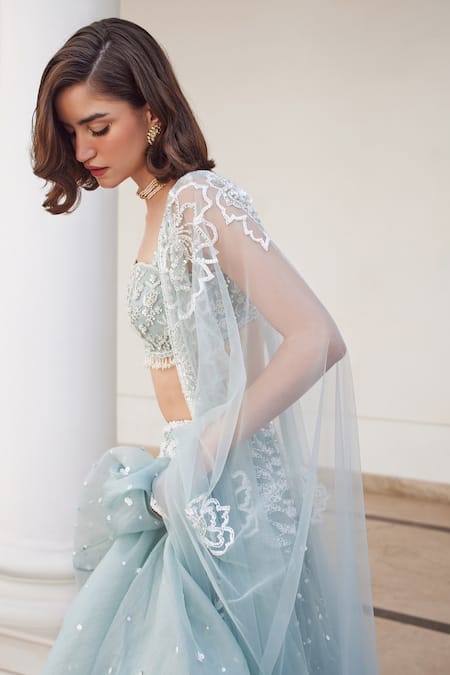 Label Sanya Gulati Blue Silk Organza Pearls, Sequins, Stones Powder Embellished Lehenga Set Online at Aza Fashions Label Sanya Gulati_Blue Silk Organza Pearls, Sequins, Stones Powder Embellished Lehenga Set _Online_at_Aza_Fashions