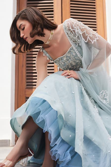 Buy Label Sanya Gulati Blue Silk Organza Pearls, Sequins, Stones Powder Embellished Lehenga Set Online at Aza Fashions Buy_Label Sanya Gulati_Blue Silk Organza Pearls, Sequins, Stones Powder Embellished Lehenga Set _Online_at_Aza_Fashions