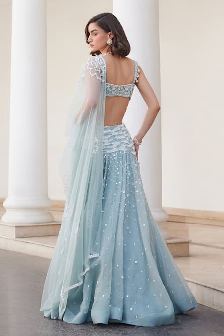 Shop Label Sanya Gulati Blue Silk Organza Pearls, Sequins, Stones Powder Embellished Lehenga Set at Aza Fashions Shop_Label Sanya Gulati_Blue Silk Organza Pearls, Sequins, Stones Powder Embellished Lehenga Set _at_Aza_Fashions