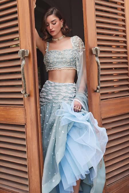 Shop Label Sanya Gulati Blue Silk Organza Pearls, Sequins, Stones Powder Embellished Lehenga Set Online at Aza Fashions Shop_Label Sanya Gulati_Blue Silk Organza Pearls, Sequins, Stones Powder Embellished Lehenga Set _Online_at_Aza_Fashions