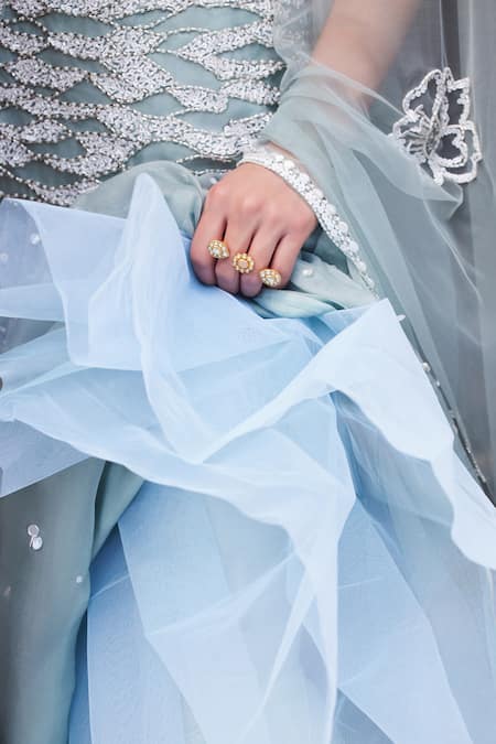Label Sanya Gulati Blue Silk Organza Pearls, Sequins, Stones Powder Embellished Lehenga Set at Aza Fashions Label Sanya Gulati_Blue Silk Organza Pearls, Sequins, Stones Powder Embellished Lehenga Set _at_Aza_Fashions