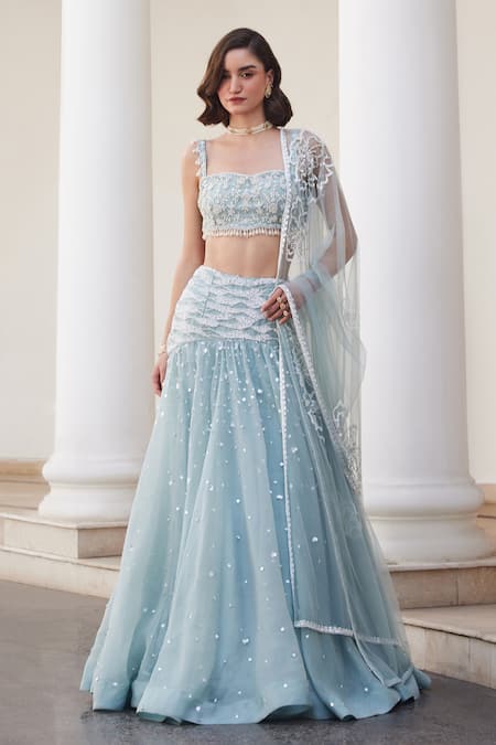Buy Label Sanya Gulati Blue Silk Organza Pearls, Sequins, Stones Powder Embellished Lehenga Set Buy_Label Sanya Gulati_Blue Silk Organza Pearls, Sequins, Stones Powder Embellished Lehenga Set