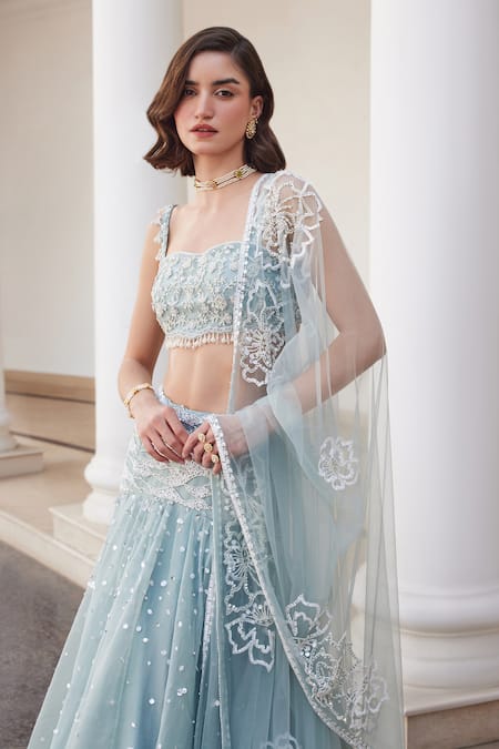 Shop Label Sanya Gulati Blue Silk Organza Pearls, Sequins, Stones Powder Embellished Lehenga Set Shop_Label Sanya Gulati_Blue Silk Organza Pearls, Sequins, Stones Powder Embellished Lehenga Set