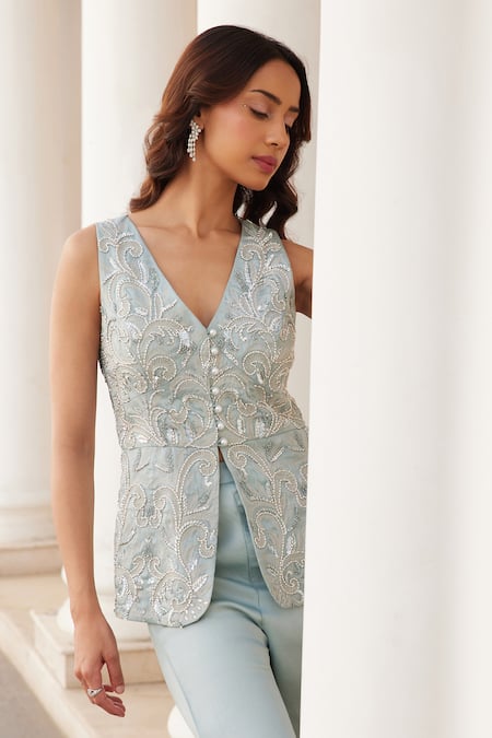 Label Sanya Gulati_Blue Silk Organza Zari, Pearls, Sequins V-neck Embroidered Powder Kurta Set _Online_at_Aza_Fashions
