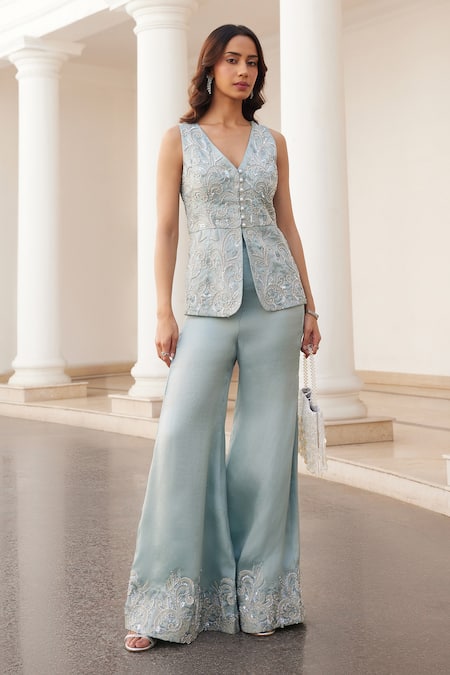 Shop_Label Sanya Gulati_Blue Silk Organza Zari, Pearls, Sequins V-neck Embroidered Powder Kurta Set _Online_at_Aza_Fashions