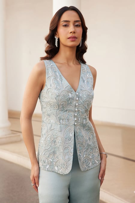 Label Sanya Gulati_Blue Silk Organza Zari, Pearls, Sequins V-neck Embroidered Powder Kurta Set _at_Aza_Fashions