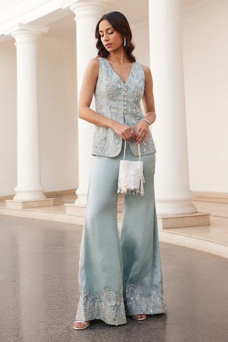 Label Sanya Gulati Blue Silk Organza Zari, Pearls, Sequins V-neck Embroidered Powder Kurta Set 