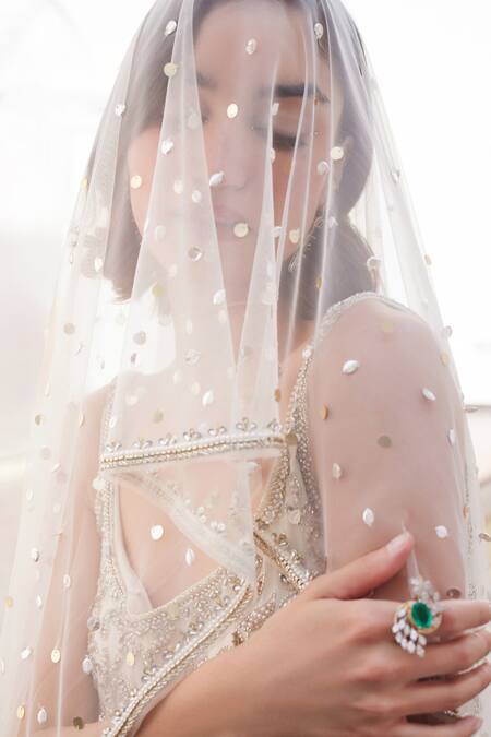 Buy_Label Sanya Gulati_White Georgette Cut Work, Sequins Round Neck Designer Pearl Kurta Set _Online_at_Aza_Fashions