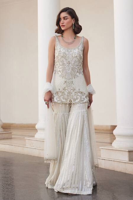 Shop_Label Sanya Gulati_White Georgette Cut Work, Sequins Round Neck Designer Pearl Kurta Set _Online_at_Aza_Fashions