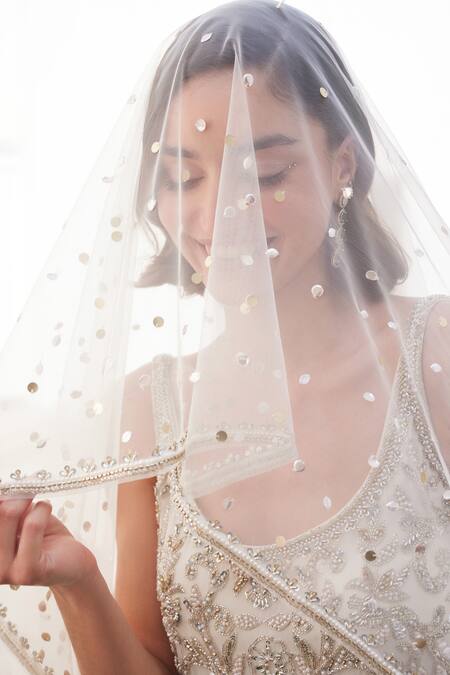 Label Sanya Gulati_White Georgette Cut Work, Sequins Round Neck Designer Pearl Kurta Set _at_Aza_Fashions