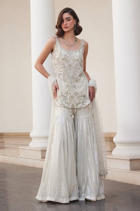 Label Sanya Gulati White Georgette Cut Work, Sequins Round Neck Designer Pearl Kurta Set 