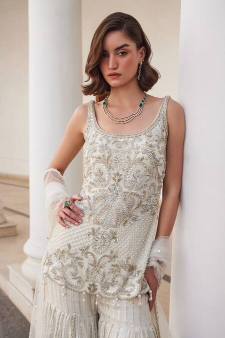 Shop_Label Sanya Gulati_White Georgette Cut Work, Sequins Round Neck Designer Pearl Kurta Set 