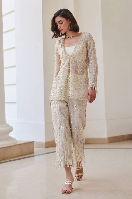 Label Sanya Gulati White Silk Organza Sequins, Pearls Open Neck, Designer Jacket And Pant Set Online at Aza Fashions Label Sanya Gulati_White Silk Organza Sequins, Pearls Open Neck, Designer Jacket And Pant Set _Online_at_Aza_Fashions