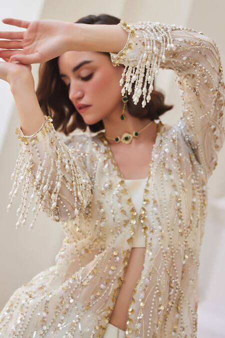 Shop Label Sanya Gulati White Silk Organza Sequins, Pearls Open Neck, Designer Jacket And Pant Set Online at Aza Fashions Shop_Label Sanya Gulati_White Silk Organza Sequins, Pearls Open Neck, Designer Jacket And Pant Set _Online_at_Aza_Fashions