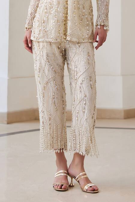 Label Sanya Gulati White Silk Organza Sequins, Pearls Open Neck, Designer Jacket And Pant Set at Aza Fashions Label Sanya Gulati_White Silk Organza Sequins, Pearls Open Neck, Designer Jacket And Pant Set _at_Aza_Fashions