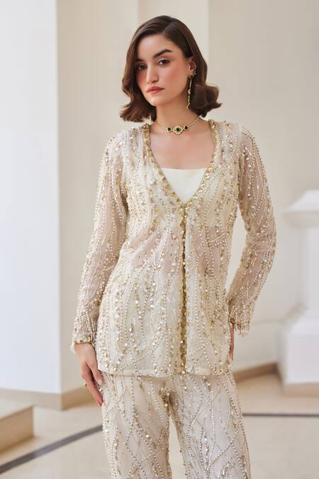 Buy Label Sanya Gulati White Silk Organza Sequins, Pearls Open Neck, Designer Jacket And Pant Set Buy_Label Sanya Gulati_White Silk Organza Sequins, Pearls Open Neck, Designer Jacket And Pant Set