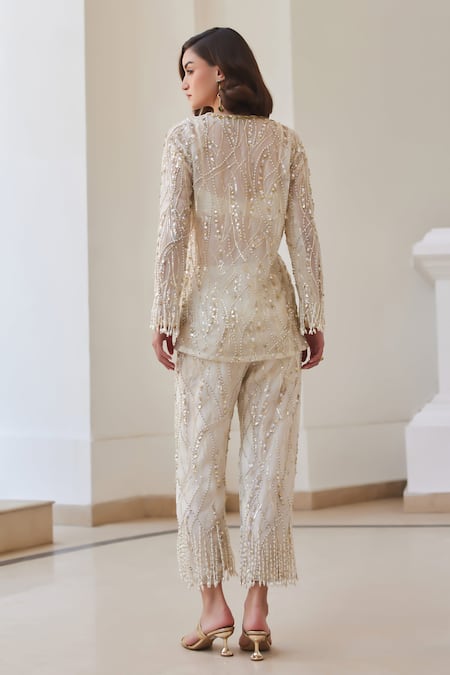Label Sanya Gulati Designer Pearl White Jacket & Pant Set 