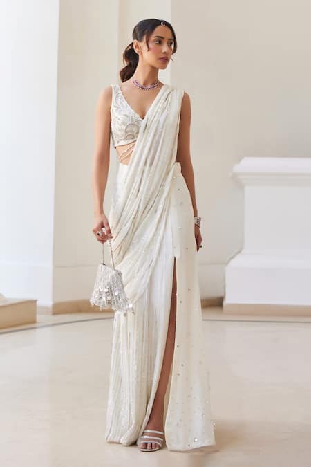 Buy_Label Sanya Gulati_White Georgette Zari, Pearls, Sequins V-neck Designer Pre-draped Saree And Blouse _Online_at_Aza_Fashions