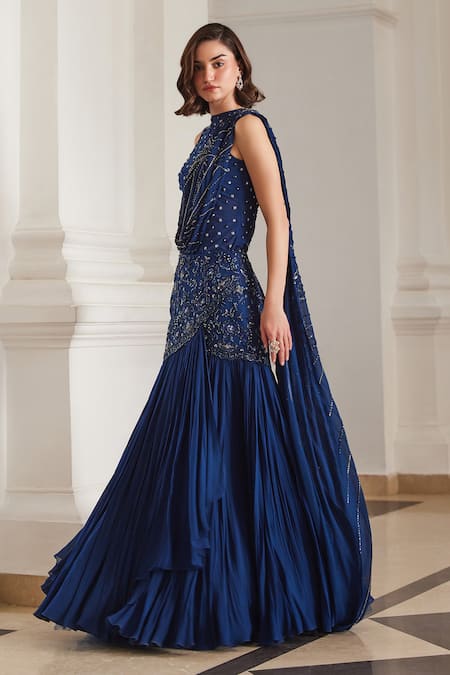 Label Sanya Gulati_Teal Georgette Cut Work, Beads, Sequins Blue Pre-draped Saree With Bodysuit _Online_at_Aza_Fashions