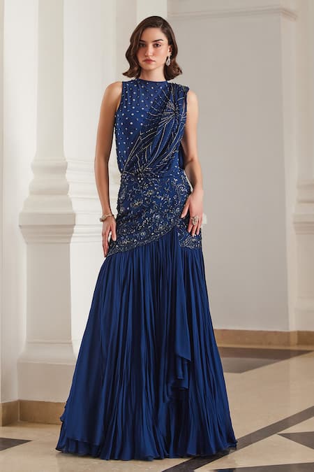 Shop_Label Sanya Gulati_Teal Georgette Cut Work, Beads, Sequins Blue Pre-draped Saree With Bodysuit _Online_at_Aza_Fashions