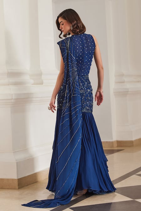 Label Sanya Gulati Teal Blue Pre-Draped Saree with Bodysuit 