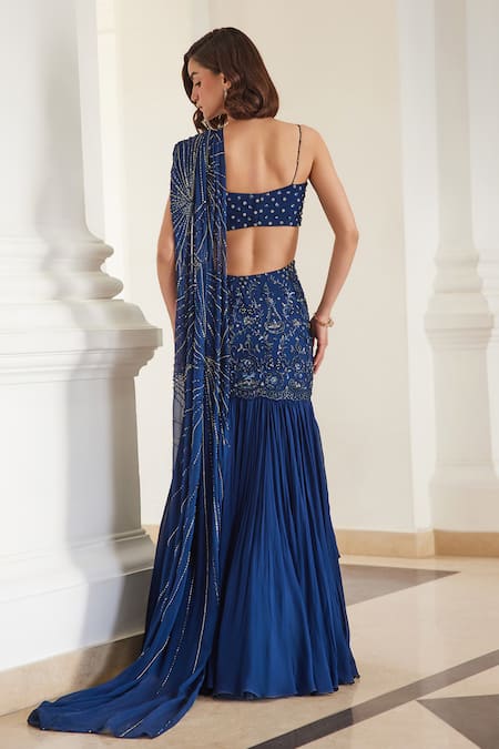 Label Sanya Gulati Teal Blue Pre-Draped Saree Set 