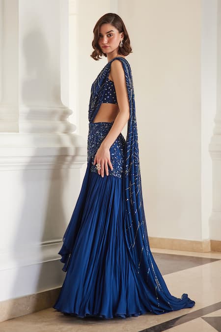 Buy_Label Sanya Gulati_Teal Georgette Sequins, Beads Square Neck Blue Pre-draped Saree Set _Online_at_Aza_Fashions