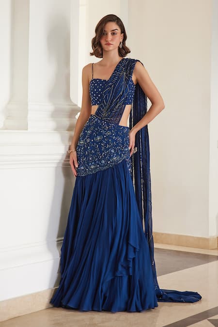 Label Sanya Gulati Teal Georgette Sequins, Beads Square Neck Blue Pre-draped Saree Set 