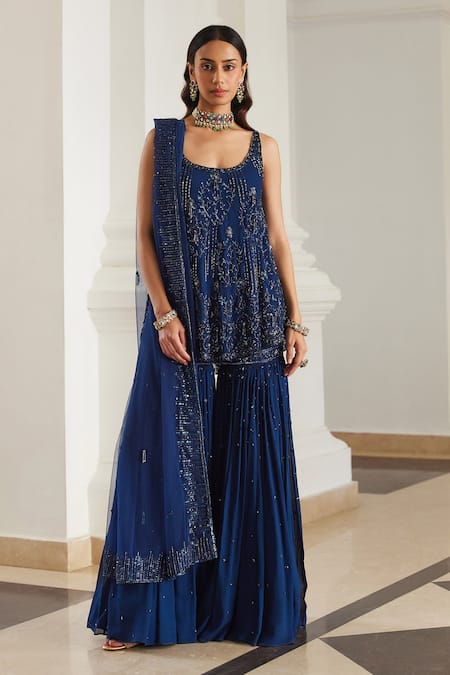 Label Sanya Gulati Teal Georgette Sequins, Cut Work Round Neck Blue Embellished Kurta Set 