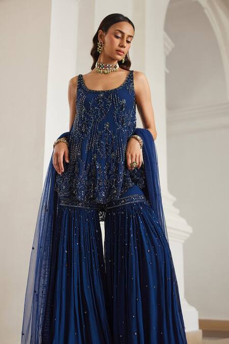 Label Sanya Gulati_Teal Georgette Sequins, Cut Work Round Neck Blue Embellished Kurta Set _Online_at_Aza_Fashions