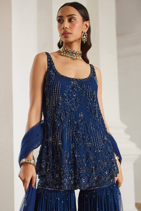 Buy_Label Sanya Gulati_Teal Georgette Sequins, Cut Work Round Neck Blue Embellished Kurta Set _Online_at_Aza_Fashions