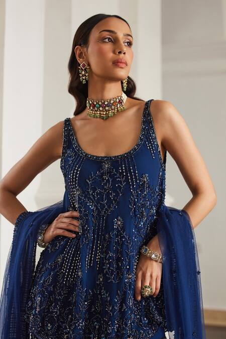 Shop_Label Sanya Gulati_Teal Georgette Sequins, Cut Work Round Neck Blue Embellished Kurta Set _Online_at_Aza_Fashions