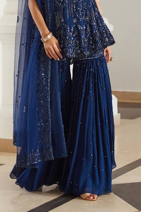 Label Sanya Gulati_Teal Georgette Sequins, Cut Work Round Neck Blue Embellished Kurta Set _at_Aza_Fashions