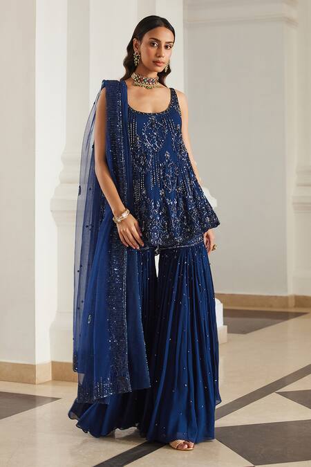 Buy_Label Sanya Gulati_Teal Georgette Sequins, Cut Work Round Neck Blue Embellished Kurta Set 