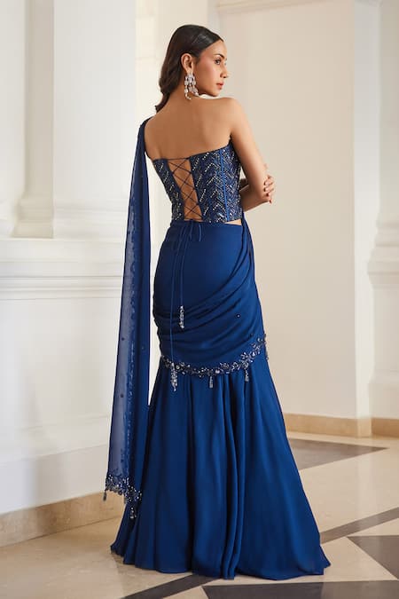 Label Sanya Gulati Teal Blue Pre-Draped Saree With Corset 