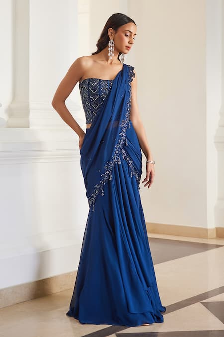 Label Sanya Gulati Teal Georgette Sequins, Beads, Cut Work Blue Pre-draped Saree With Corset 