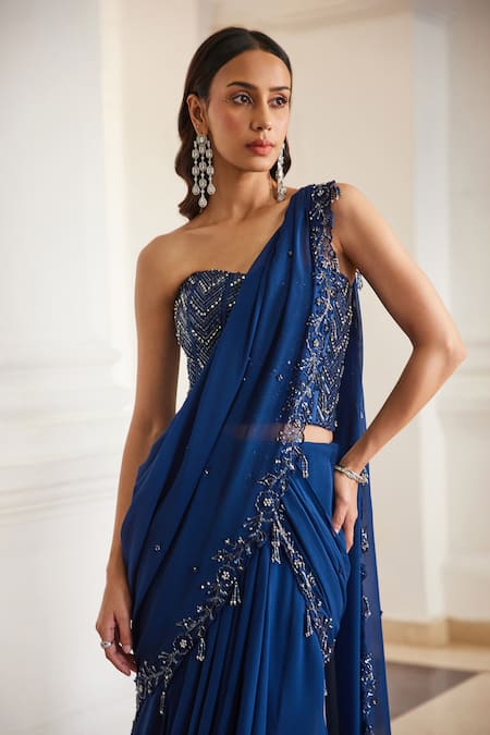 Buy_Label Sanya Gulati_Teal Georgette Sequins, Beads, Cut Work Blue Pre-draped Saree With Corset _Online_at_Aza_Fashions