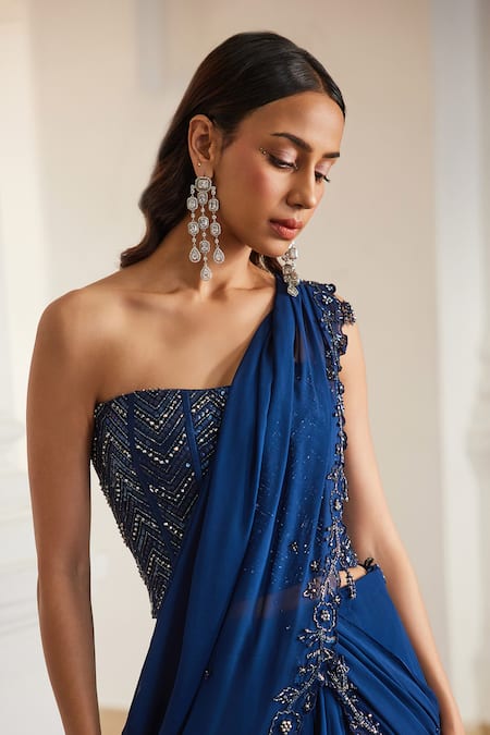 Shop_Label Sanya Gulati_Teal Georgette Sequins, Beads, Cut Work Blue Pre-draped Saree With Corset _Online_at_Aza_Fashions