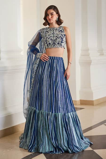 Label Sanya Gulati Teal Georgette Zari, Gota Patti, Sequins Round Blue Embellished Lehenga Set 
