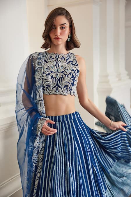 Shop_Label Sanya Gulati_Teal Georgette Zari, Gota Patti, Sequins Round Blue Embellished Lehenga Set _Online_at_Aza_Fashions
