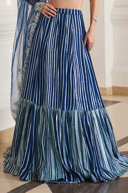 Label Sanya Gulati_Teal Georgette Zari, Gota Patti, Sequins Round Blue Embellished Lehenga Set _at_Aza_Fashions