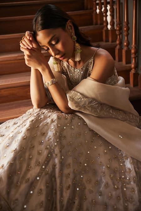 Buy_Label Sanya Gulati_Ivory Silk, Tissue Zari, Mirrors, Sequins, Pearls Gold Embellished Lehenga Set _Online_at_Aza_Fashions