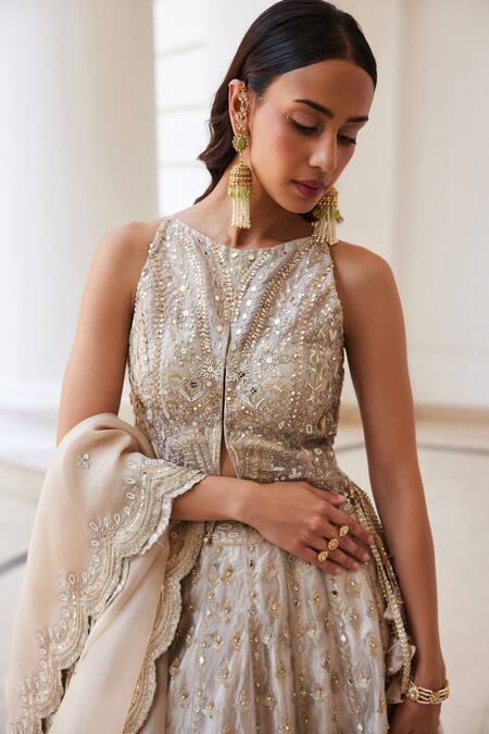 Label Sanya Gulati_Ivory Silk, Tissue Zari, Mirrors, Sequins, Pearls Gold Embellished Lehenga Set _at_Aza_Fashions
