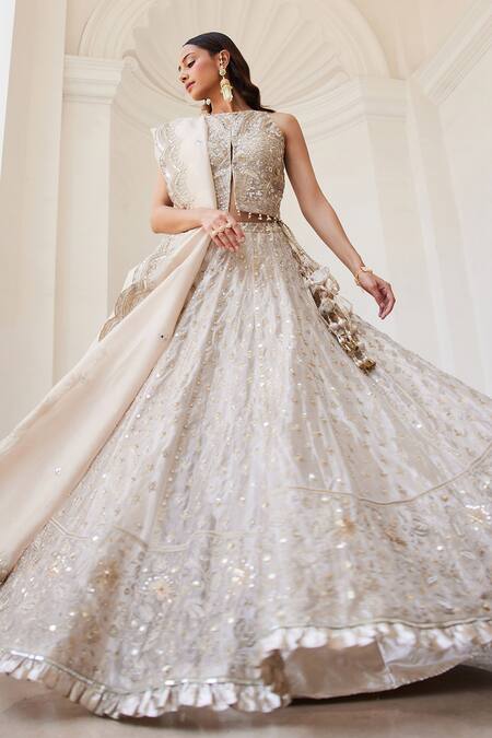 Buy_Label Sanya Gulati_Ivory Silk, Tissue Zari, Mirrors, Sequins, Pearls Gold Embellished Lehenga Set 