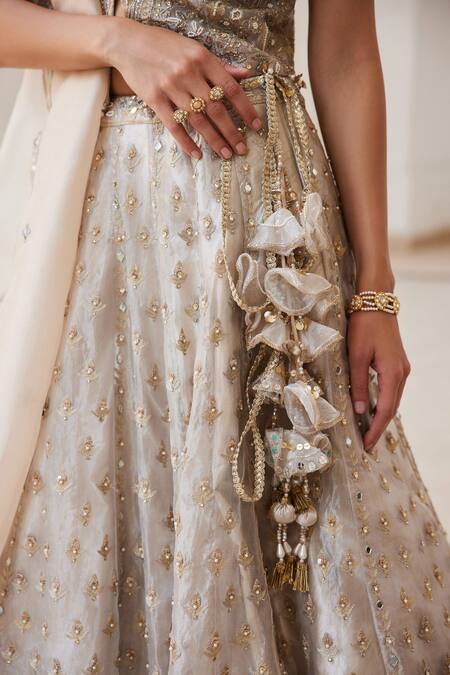 Shop_Label Sanya Gulati_Ivory Silk, Tissue Zari, Mirrors, Sequins, Pearls Gold Embellished Lehenga Set 