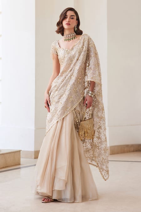 Buy_Label Sanya Gulati_Ivory Silk, Tissue Sequins, Mirrors, Cut Work Gold Pre-draped Saree Set _Online_at_Aza_Fashions